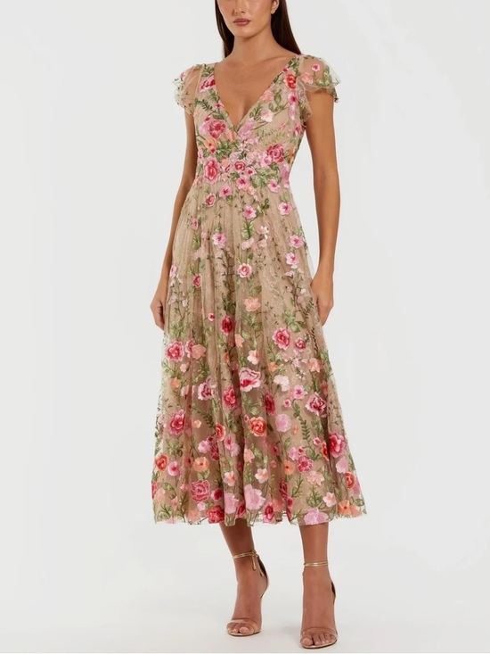 Mac Duggal Dresses & Skirts - Mac Duggal Beige Floral Embroidered Flutter Sleeve Midi Dress 8 57173